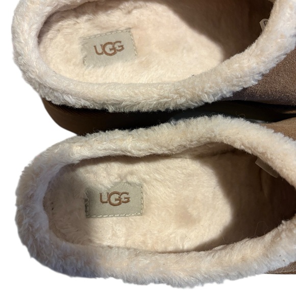 UGG Tan Suede Mules with Plush Cream Trim - Picture 4 of 8